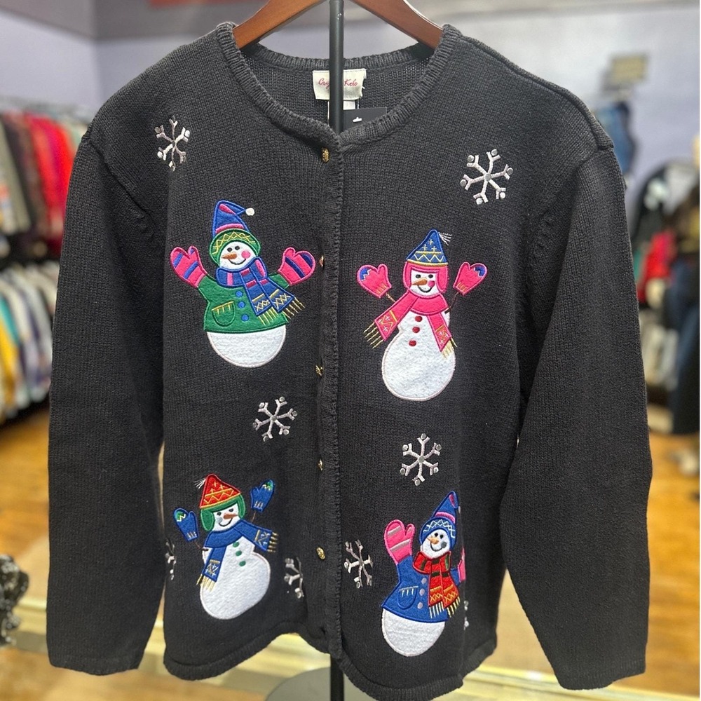 Crystal Kobe Black Snowman Christmas‎ Sweater Cardigan cotton colorful Women L - Picture 3 of 5